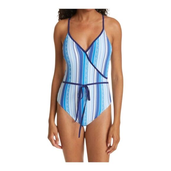Lemlem Eshal Wrap Effect Stretch Jacquard Swimsuit Blue Striped Swimsuit - Picture 1 of 15